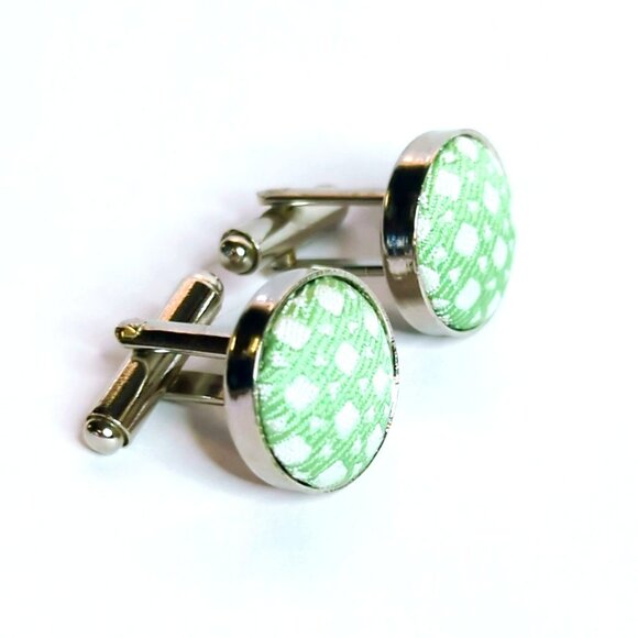 Green & White Patterned Fabric Cufflinks With Silver Tone Metal Finish - Picture 3 of 5